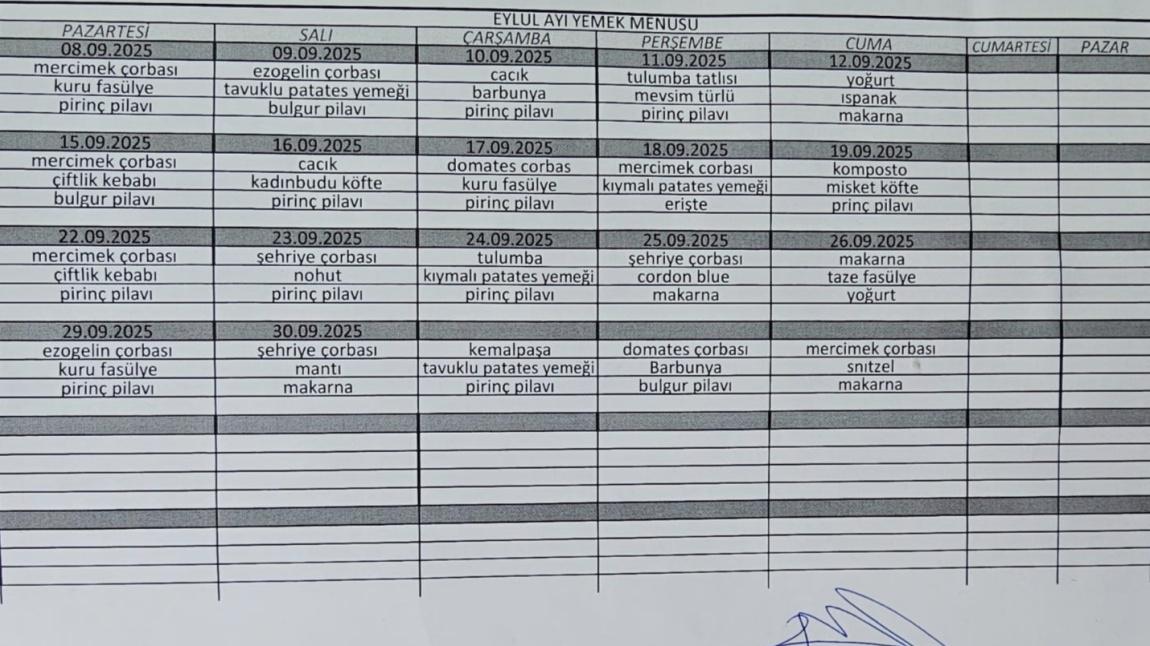 Eylül Ayı Yemek Listesi 